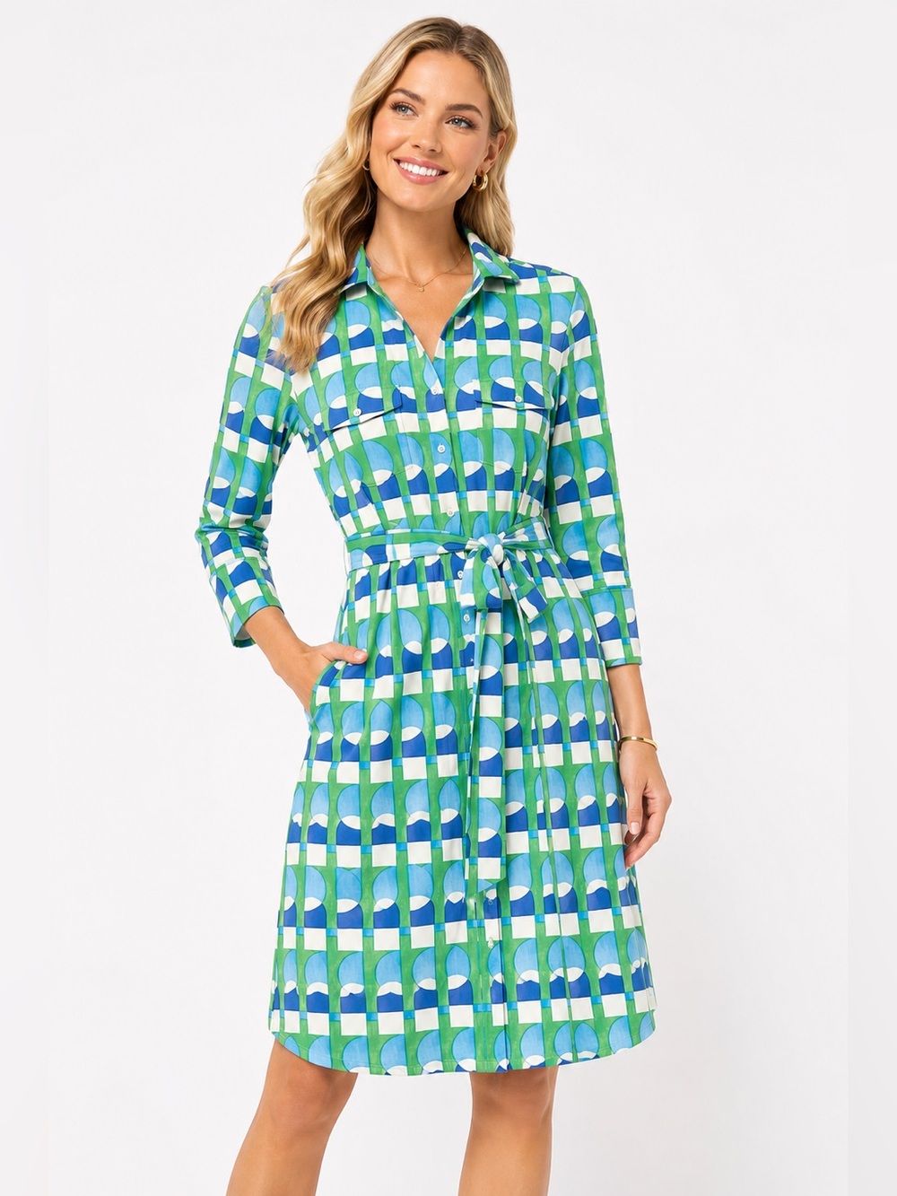 J McLaughlin Brynn Dress L Green Blue White Eclipse Geo Belted NWT